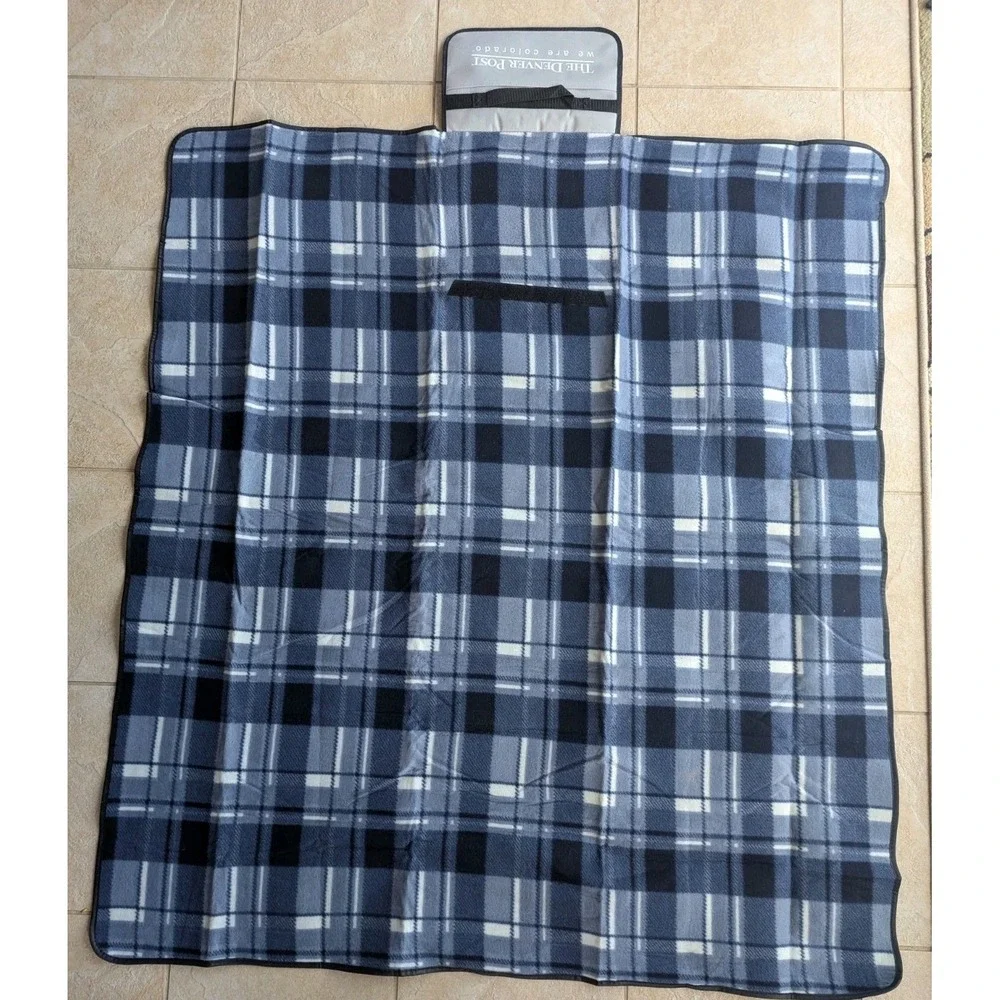 The Denver Post Roll-Up Picnic Blanket With Handle Blue Plaid